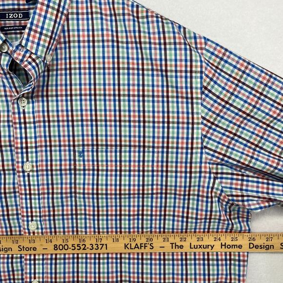 IZOD Shirt Mens XL Non Iron Stretch Poplin Plaid Button Up Cotton Blend Blue - Picture 13 of 15